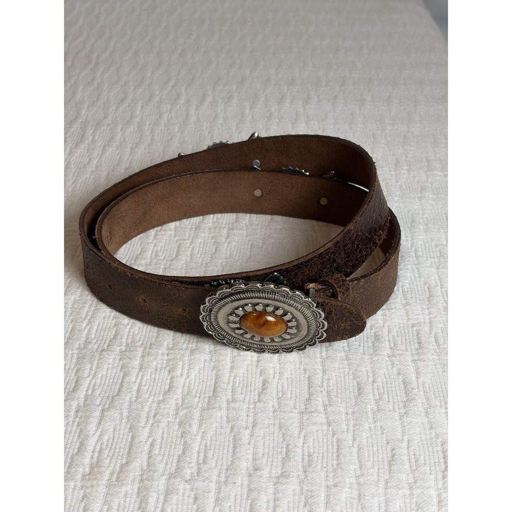 Garuglieri Italian Brown Leather Silver/Amber, Style 413 Western Belt, Size Sm